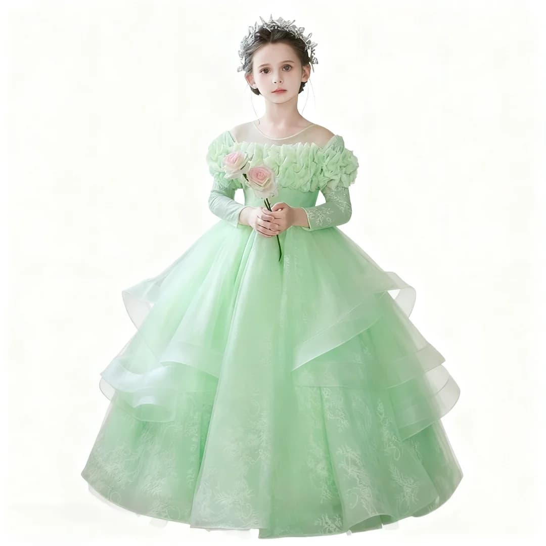 Abito da spettacolo lungo con palla a sbuffo per bambini Abito da sera da sposa Abito da ragazza di fiori Abito da festa per bambini con maniche lunghe