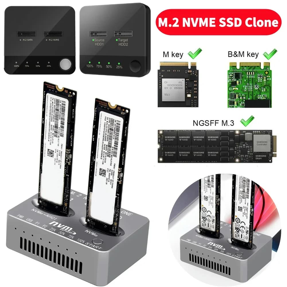 Box Esterno per Disco Rigido Dual-Bay Gen2X 20Gbps, Enclosure SSD M.2, Case per Disco Solido M/B M Key, M.2 M.3 NVME PCI-E per SSD M2 M Key