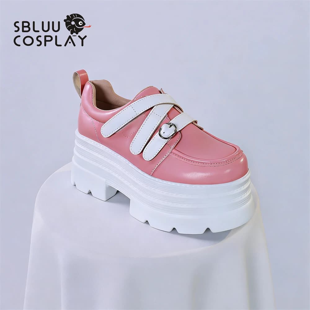 Scarpe Cosplay SBluuCosplay Zenless Zone Zero Sunna, Mocassini Rosa con Plateau e Tacco Grosso con Cinturini Bianchi