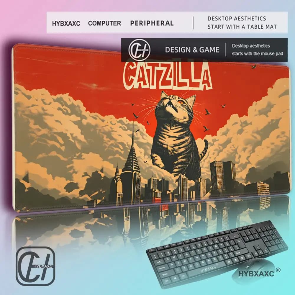HYBXAXC Tappetino da Scrivania Gaming Catzilla Gatto Mostro Giapponese, Tappetino Mouse Esteso con Gatto Cartone Animato Carino, Tappetino Tastiera Spesso Antiscivolo per Gamer