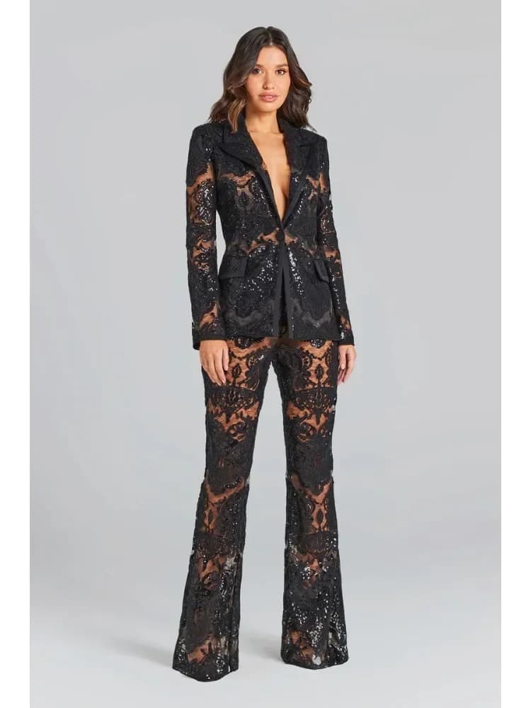 BEVENCCEL 2023 Women's Sexy Two 2 Piece Set Long Sleeve Lace Patchwork Jacket and Long Black Pants Elegant Matching Sets