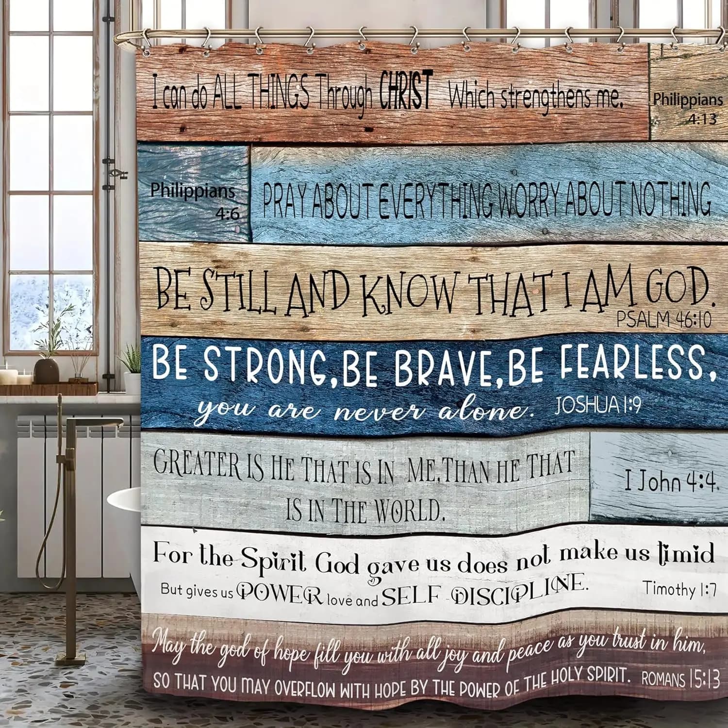 Tenda da Doccia con Versetti Biblici, Citazioni Cristiane, Scritture Motivazionali, Tende Rustiche in Legno con Ganci