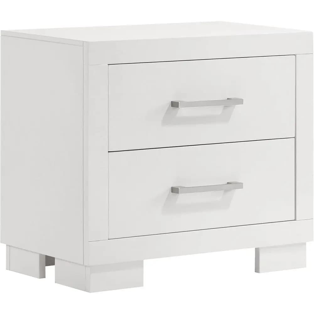 Comodino in legno a 2 cassetti con maniglie argentate, design squadrato e spazio di archiviazione nascosto - Camera da letto - Bianco