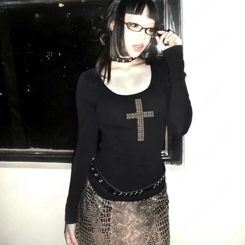 Gothic Grunge Punk Emo Girls Long Sleeve T-Shirt Sexy Slim Fit Spring 2026 Ladies' Hoodie Velvet Material Other 100%