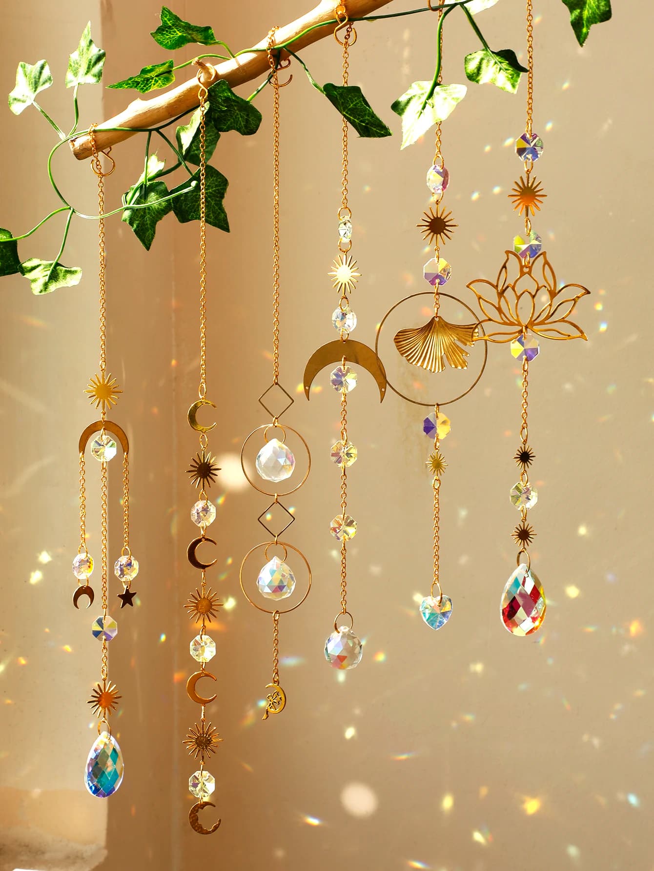 Sun Catcher Hanging Ornaments Boho Wind Chimes Handmade Crystal Sun Catchers with Gold Chain for Window Wall or Garden Decor