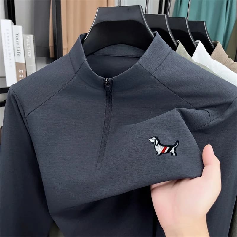 T-shirt da uomo con mezza zip e colletto alto, nuovo arrivo primavera, stampa cane, asciugatura rapida, lusso, versatile, casual, abbigliamento uomo
