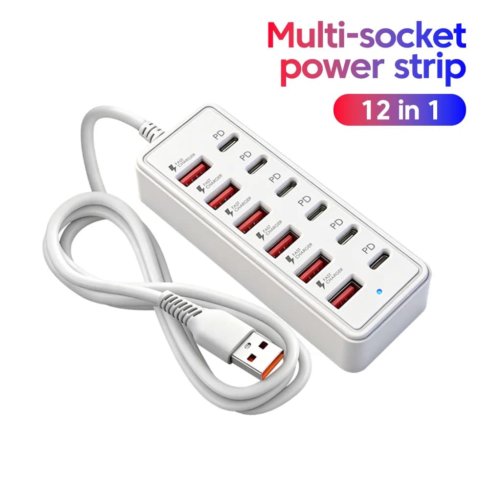12 IN 1 USB Charger Station 6 USB-A 6 USB-C Fast Charger Multi Ports Power Strip Adapter Socket With Cable HUB For Home Office
