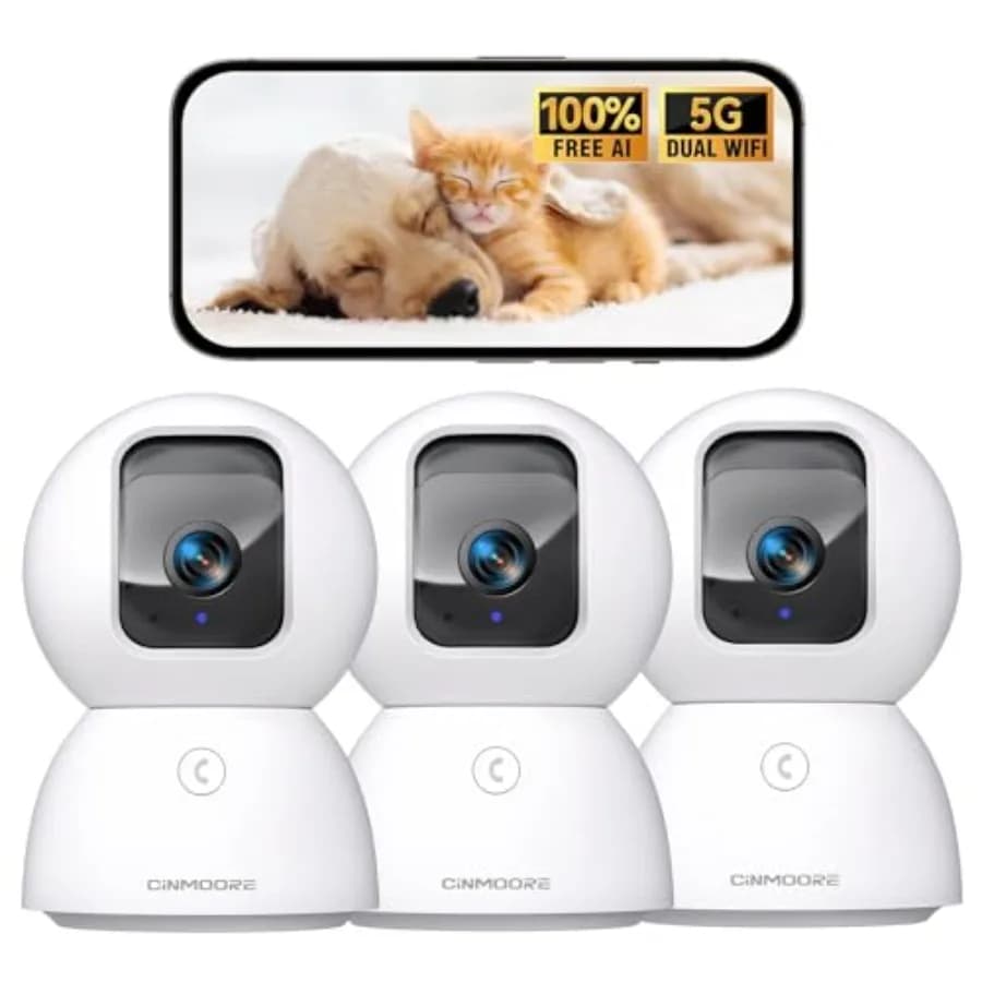 Telecamera di Sicurezza 5G per Interni, Confezione da 3, Senza Canone Mensile, Rilevamento AI, Riconoscimento Facciale, Telecamera 3K per Animali Domestici/Cani con Altoparlante, App Telefonica, PTZ, Wi-Fi