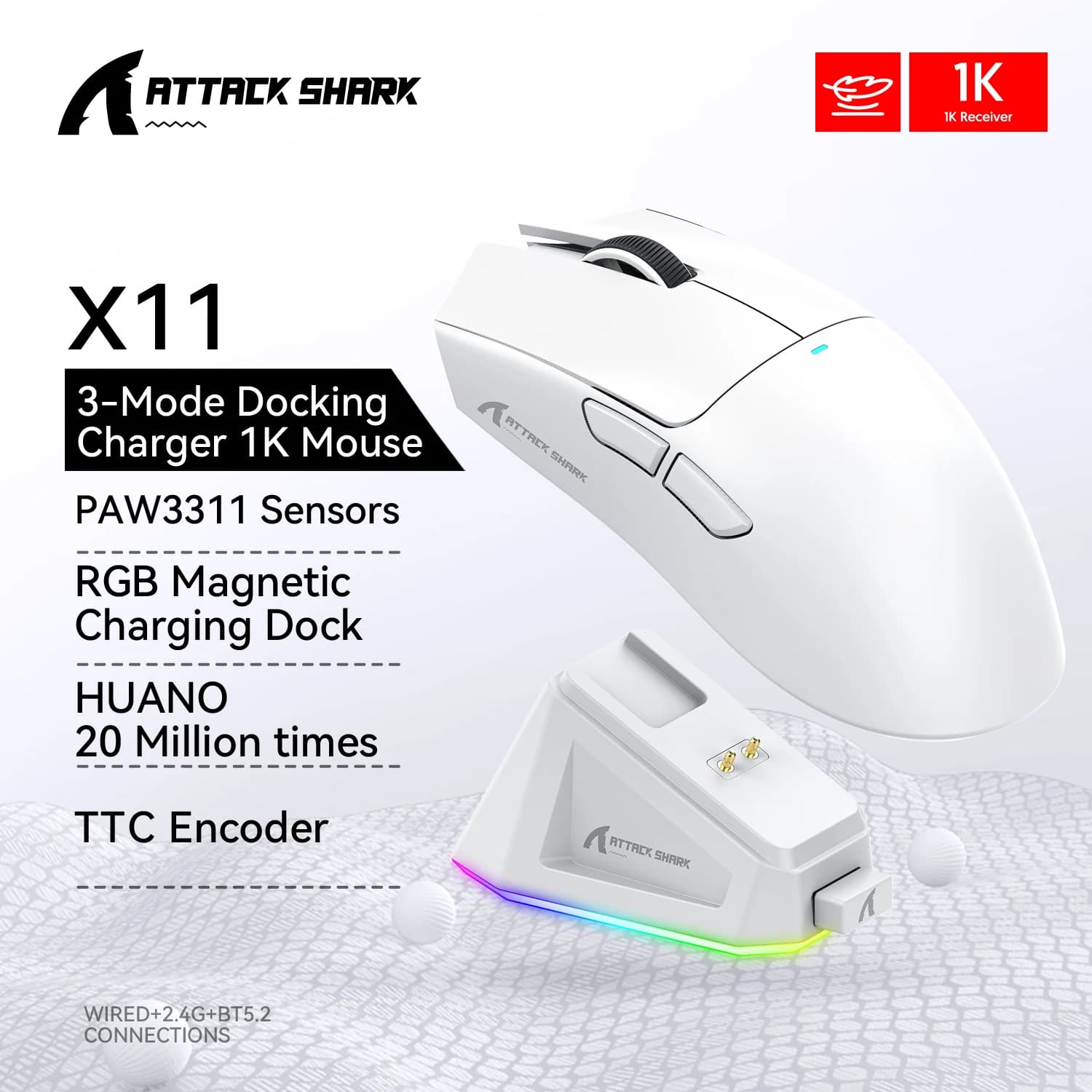 X11 Attack Shark Wireless 22000 DPI, 1000 Hz ratio speed, RGB magnetic fast charging, specially designed for games