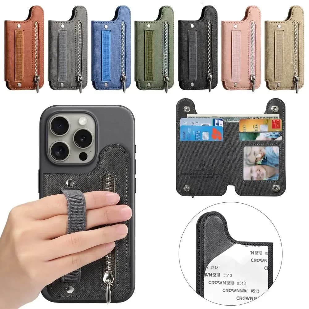 Borsa per carte per telefono in pelle PU con cinturino da polso Portafogli per telefono autoadesivi Blocco RFID Porta carte per telefono Accessori per telefono