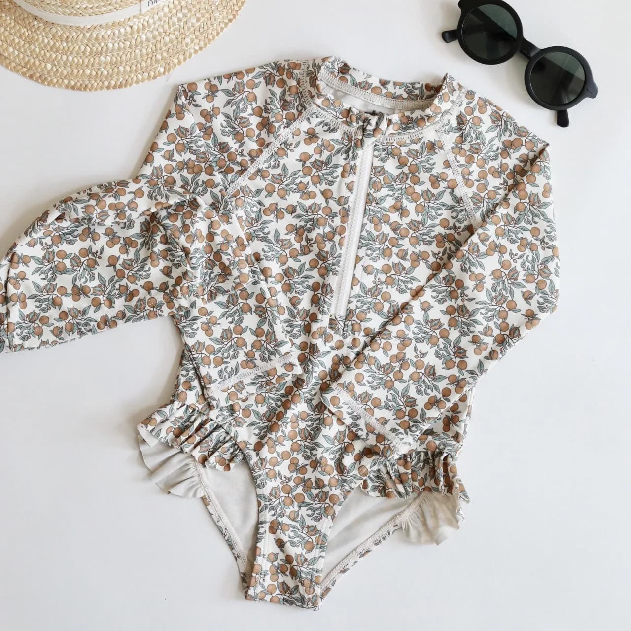 3 color Girls One Pieces Swimsuit Summer Gloral Printed Ruffle Child Swimwear Long Sleeve Toddler Bathing Suit with Swim cap