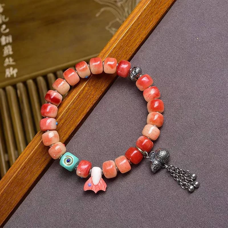 Bracciale intarsiato con perle di osso semigenuini, stile tibetano a un singolo giro, in argento 999, vetro e accessori in turchese