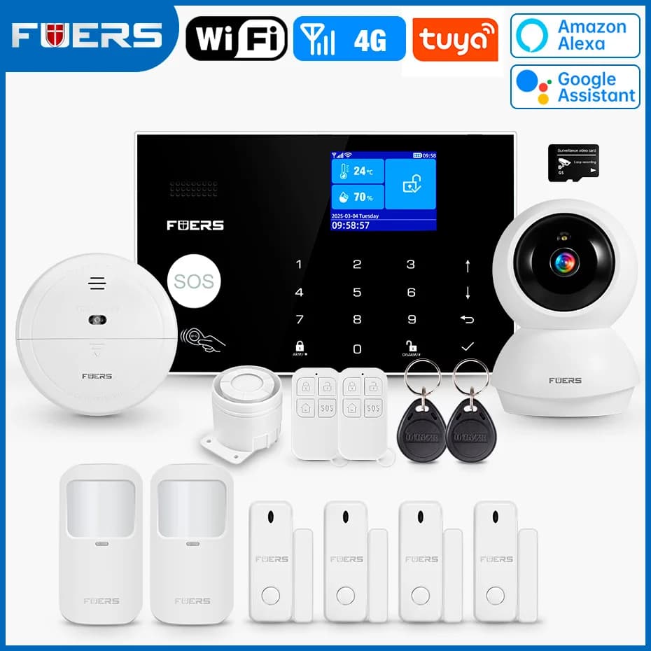 FUERS WIFI Sistema di allarme GSM Sistema di allarme di sicurezza antifurto domestico wireless Tuya APP Sirena di controllo Rilevatore di movimento Sensore di fumo PIR