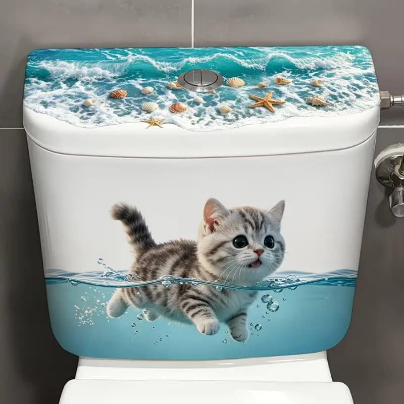 Cute Swimming Cat Toilet Sticker Waterproof Self-Adhesive Fun Pattern Decal for Guest Bathroom Toilet Lid Decoration