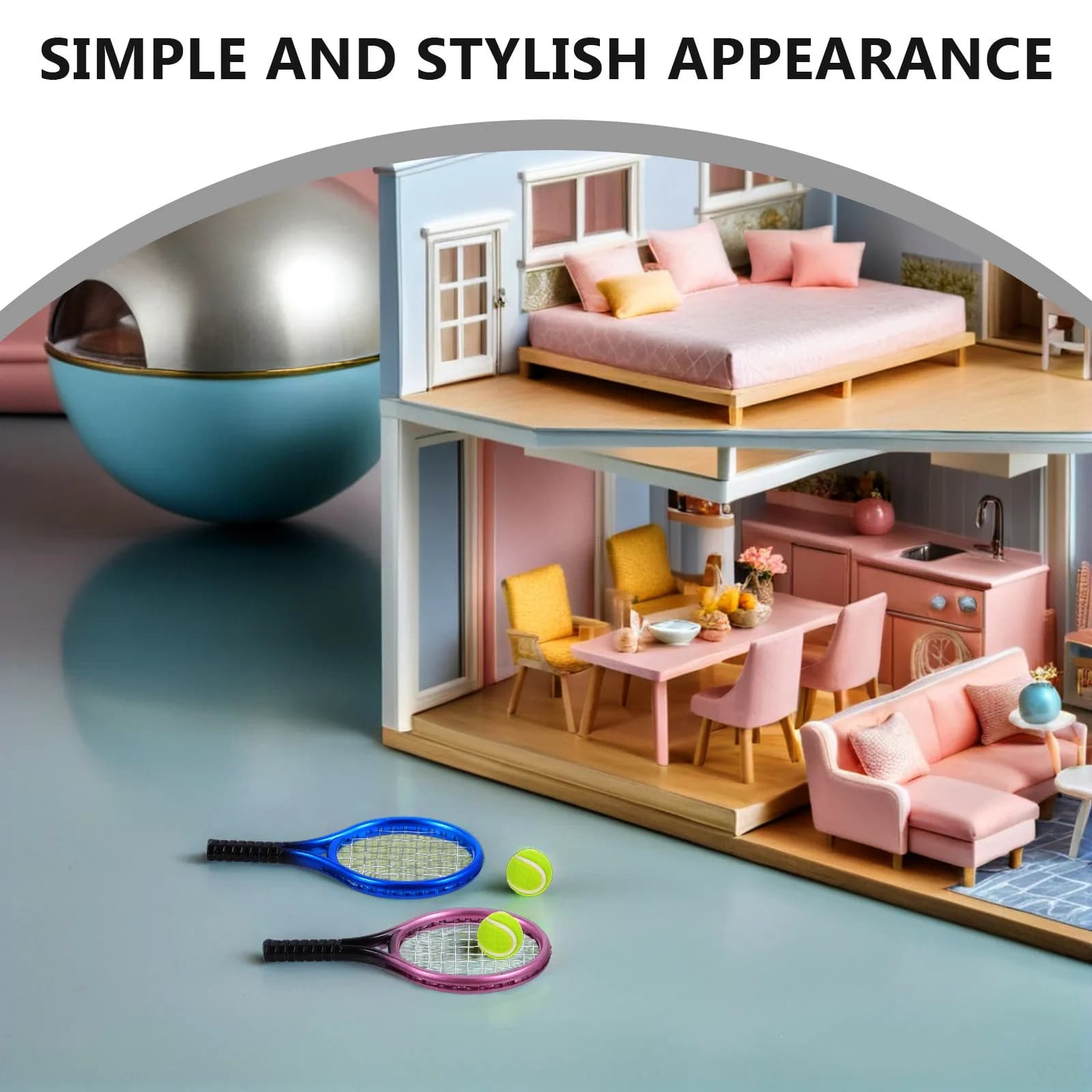 Set Mini Racchetta da Tennis e Palla per Decorazione Casa delle Bambole, Accessori per Fotografia, Ornamento per Micro Paesaggi da Scrivania