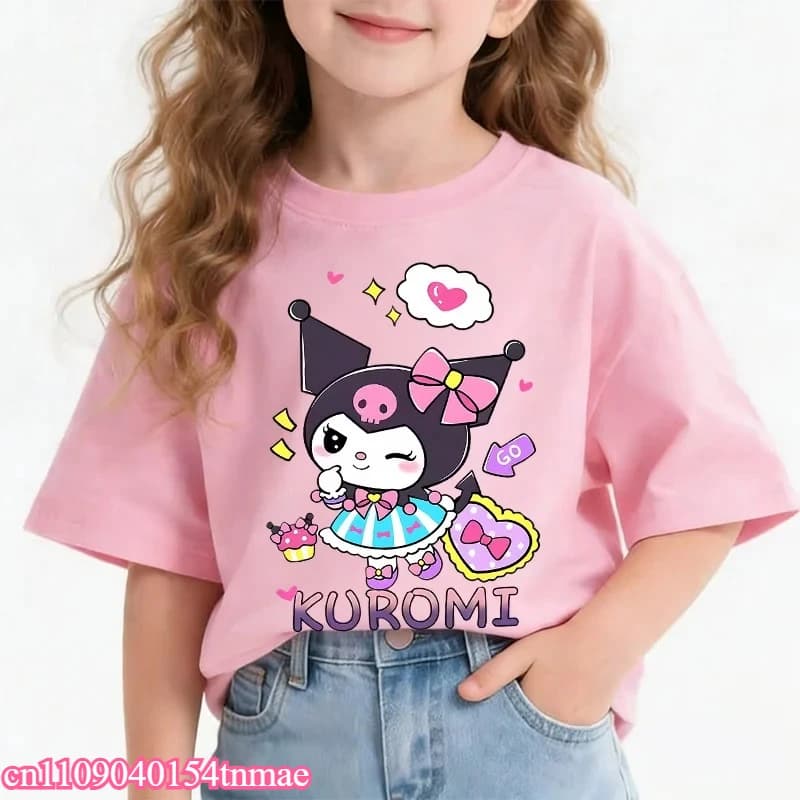 T-shirt Kuromi 2026 per bambine, simpatico cartone animato, 3-14 anni, girocollo, manica corta, stampa gatto, top casual estivo comodo
