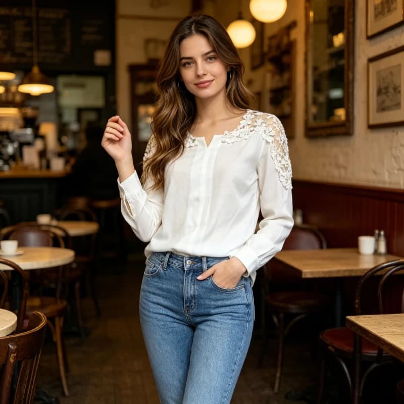 Fashion New Spring and Summer Women's Round Neck Hollow White Shirt Elegant Casual Loose Pullover Long-sleeved Chiffon Blouse