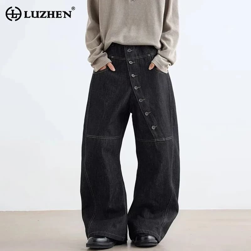 LUZHEN 2025 Nuovo Originale Con Bottoni Decorare Design Asimmetrico Pantaloni In Denim Dritto Moda da Uomo Bello Allentato Jeans Maschili JY3657