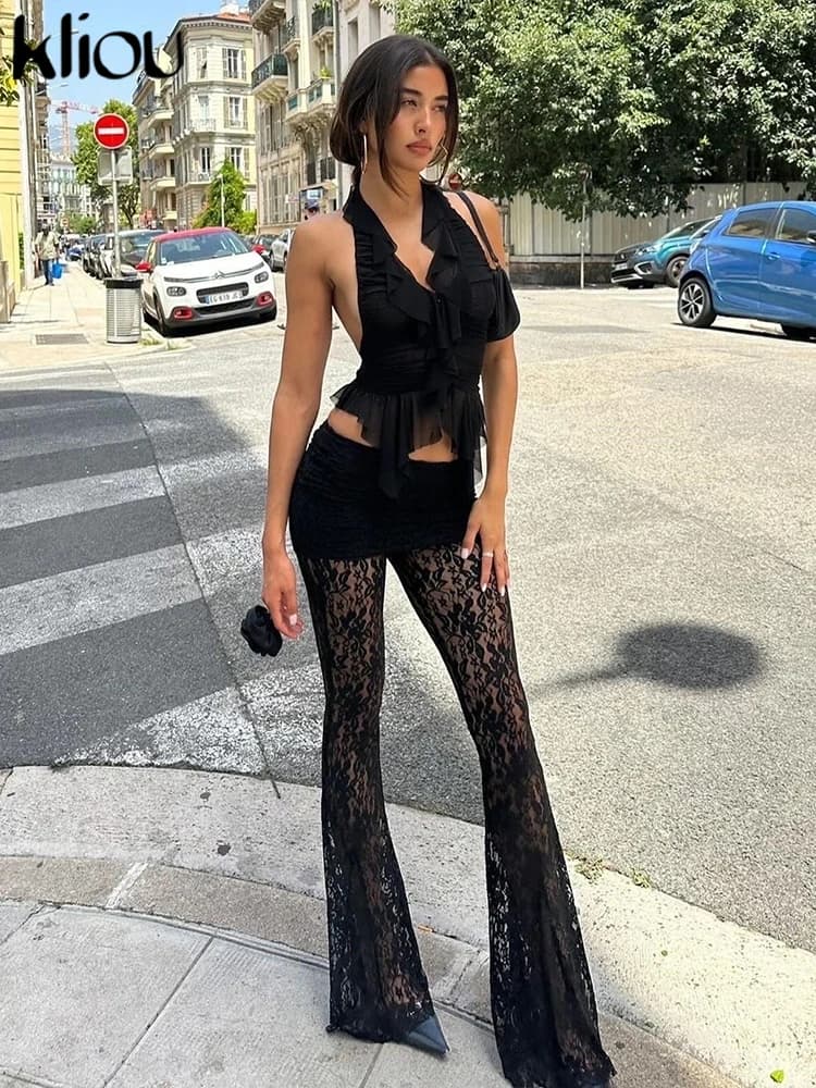 kliou Pantaloni sexy impilati in pizzo Donna Chic Solid See Through Pantaloni dritti a vita alta Trend Leggings da strada attraenti femminili