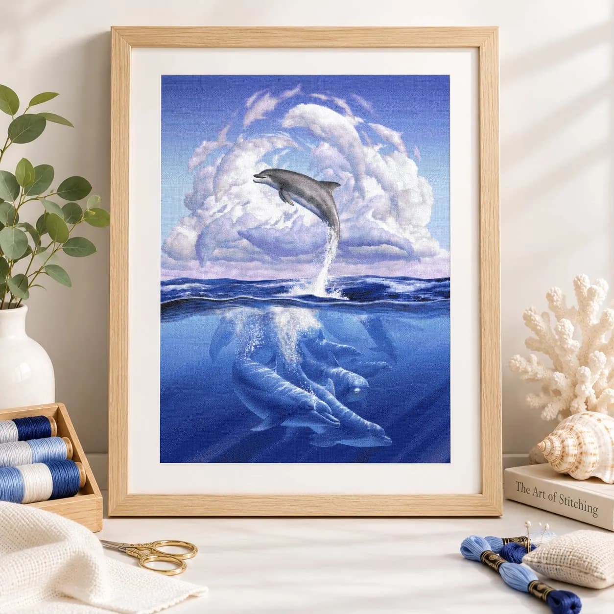 [ZZ9304-Dolphin Leaping Out of the Sea]Stamped Cross Stitch Kit 14CT 18CT 16CT DIY Printed Canvas Cotton Thread Embroidery