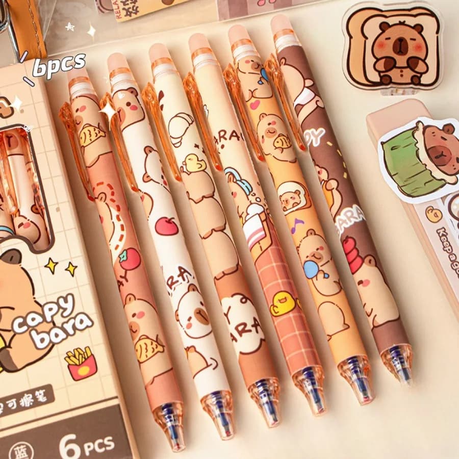 6 Pz/scatola Kawaii Cartoon Panda Capibara Inchiostro Blu Penna Gel Cancellabile Pressa Laterale ST Cristallo Blu Penne Scuola Ufficio di Scrittura Forniture