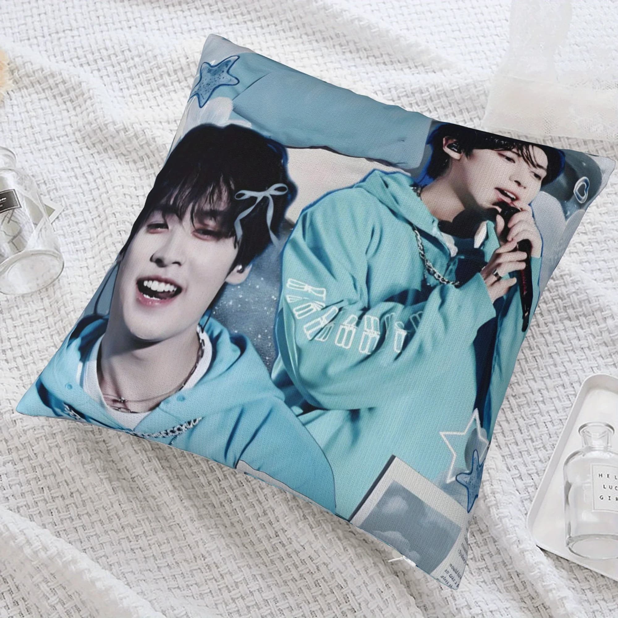 Stray Kids Lee Know - Federa per cuscino lombare con stampa a stella turchese, con cerniera, rimovibile, in poliestere, lavabile, decorazione per casa e ufficio, per i fan del Kpop