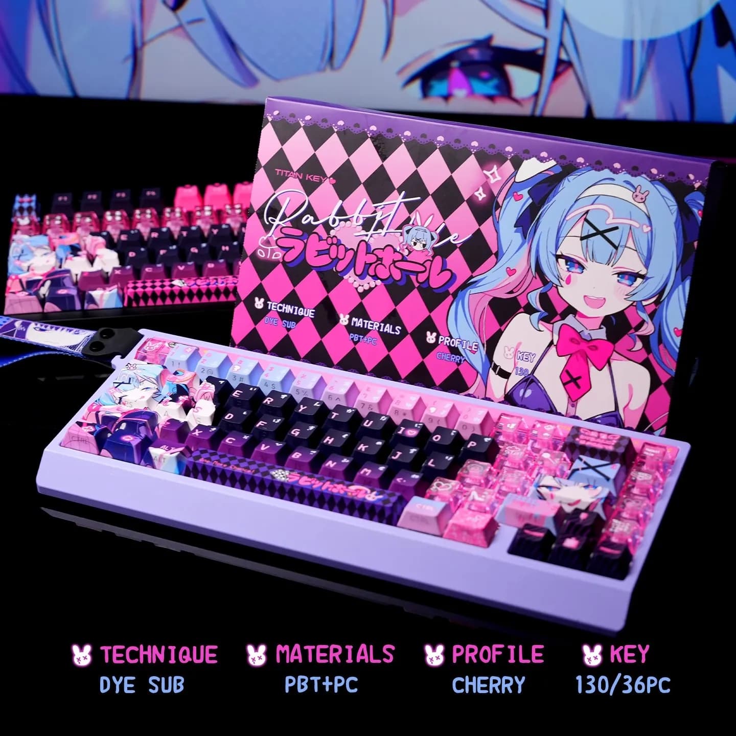 Anime Rabbit Hole Theme Custom Keycaps Set Cute PBT PC Translucent Cherry Profile for Mechanical Keyboard Gaming Gifts