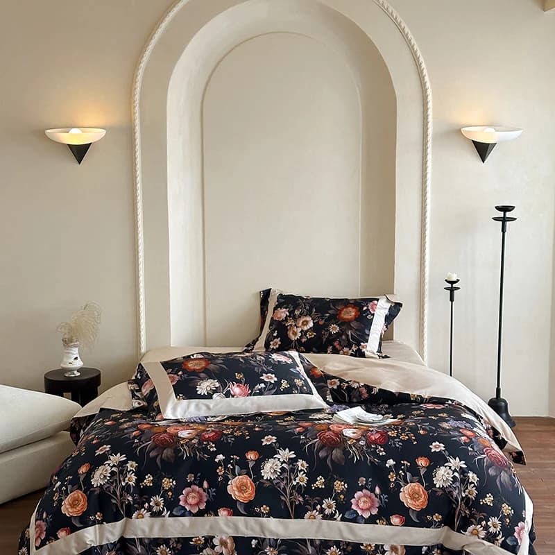 Cotone egiziano matrimoniale regina re 4 pezzi fiori giardino stampato sfondo blu scuro copripiumino set biancheria da letto lenzuolo federe