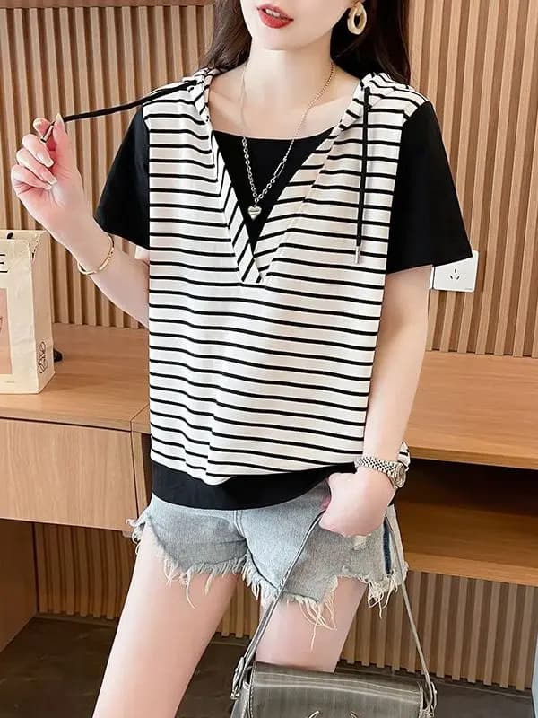 Fashionable Striped Short Sleeve Hoodie T-Shirt Women's Summer New Style Slimming Versatile Korean Version Top Ins Creative C...