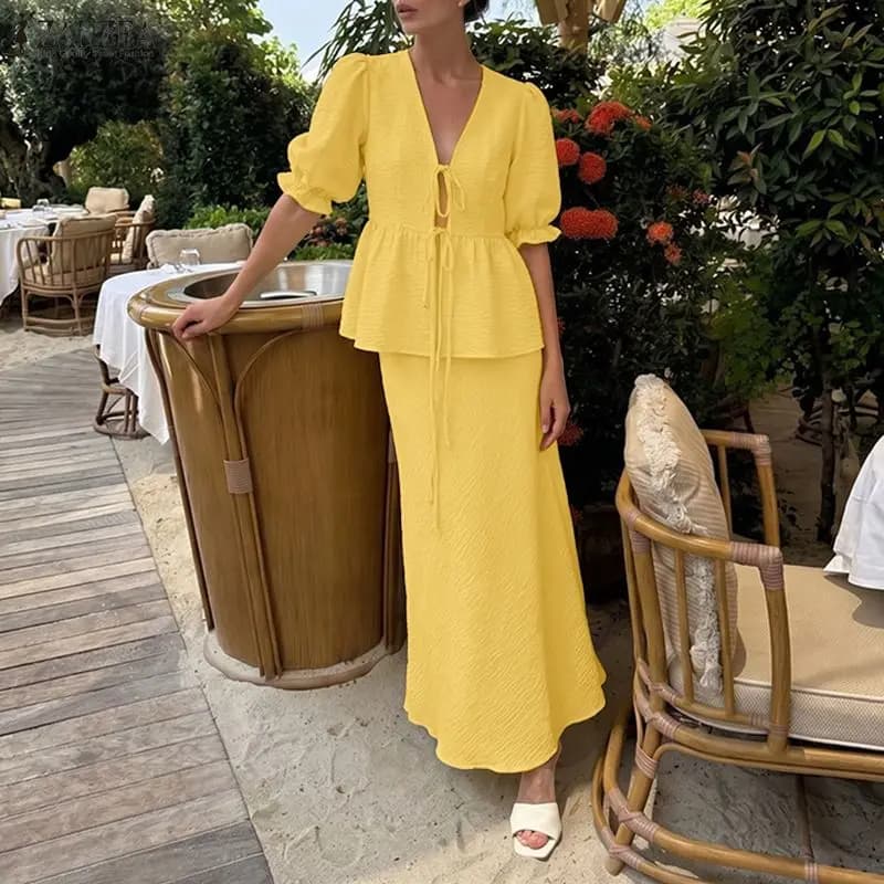 Stylish 2PCS Holiday Outfits ZANZEA Women V Neck Puff Sleeve Cardigan Blouse Dress Sets Summer Skirt Suit Party Matching Sets