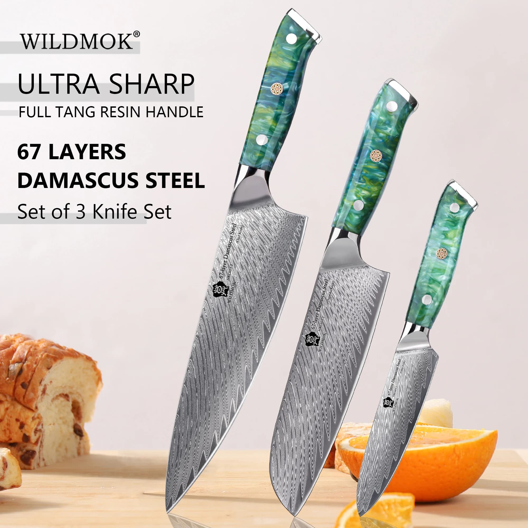 WILDMOK Multipurpose 3PCS Damascus Knives, 67 Layer High Hardness VG10 Japanese Steel, Grip Resin Handle Kitchen Tools