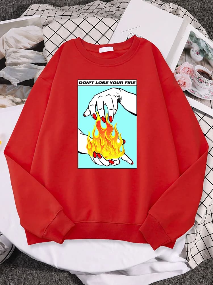 Don't Lose Your Fire Flames In Hands Tarot Card Printing Women Sweatshirt Casual Street Crewneck Pullover Womans Long Sleeves