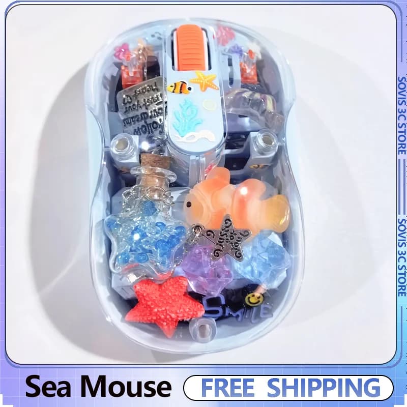 Mouse Wireless Silenzioso con Tema Oceanico, Design 3D Trasparente a Forma di Balena/Stella Marina, Accessori per Gaming e Ufficio, Idea Regalo