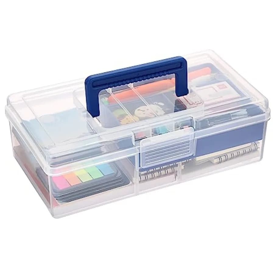 Plastic Carry Storage Box with Removable Dividers, Clear Art Craft Supply Storage Bin Sewing Box with Handle Lid, 2 Layers Stat