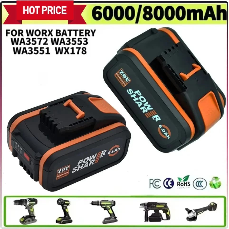 Rechargeable Lithium Battery Worx 20V 4000/6000/8000mAh WA3551 WA3553 WA3553.1 WA3570 for All Electric and Garden Tools WORX