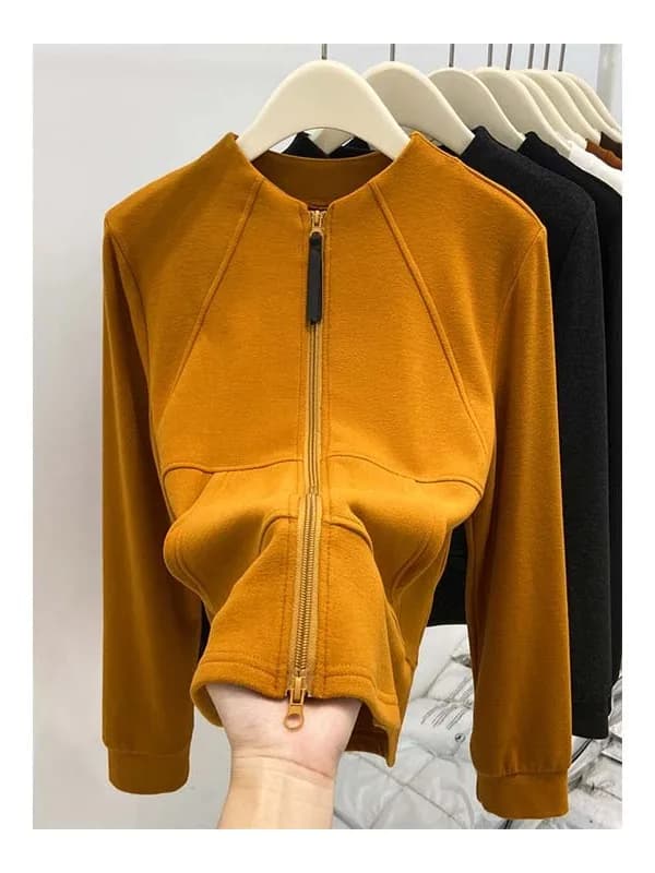 Double Zipper Velvet Hoodie Women's Long Sleeve Stand Collar T-Shirt Patchwork Design Flocking Open Cardigan Outerwear Top
