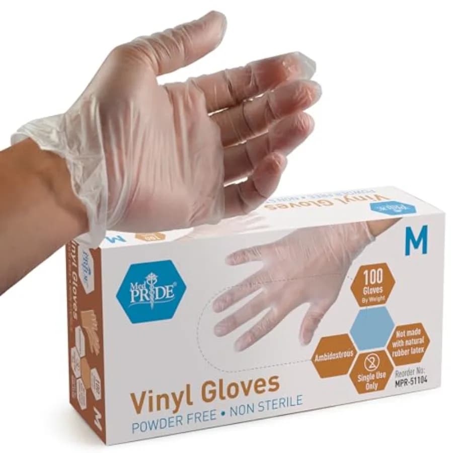 Med PRIDE Vinyl Gloves Medium Box of 100 4.3 mil Thick, Powder-Free, Non-Sterile, Heavy Duty Disposable Gloves Professional Gra