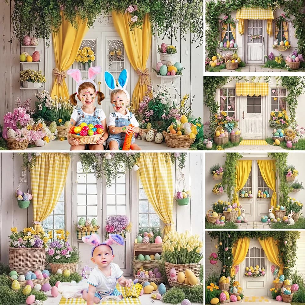 Easter photo background for baby show Yellow curtains Rustic wooden door Flower egg background Spring Birthday for children Photo