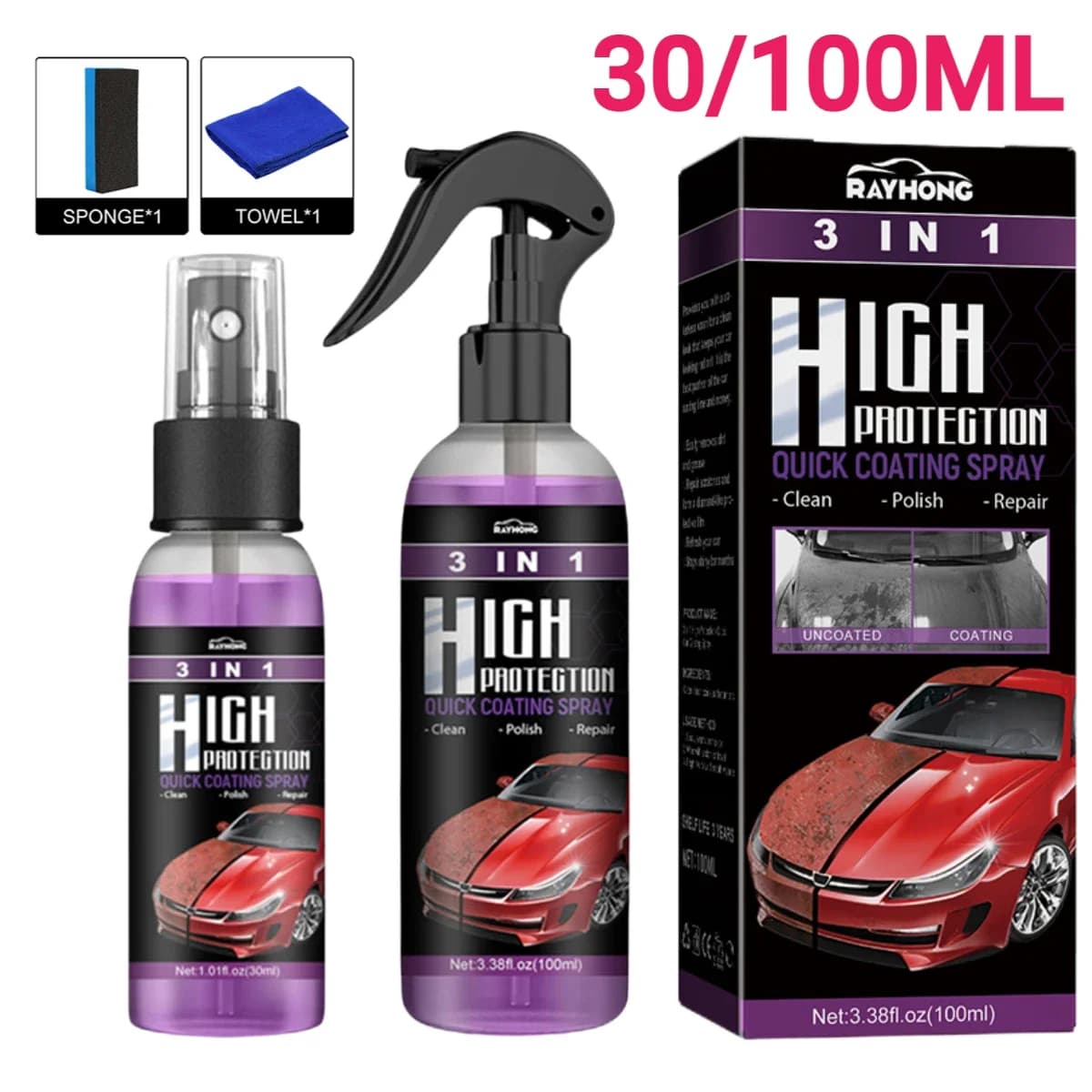 3In1 Rivestimento Rapido Spray 100ML Alta Protezione Brillante Armatura Ceramica Lavaggio Auto Scudo Rivestimento Pulizia Nano Lucidatura Vernice Cera