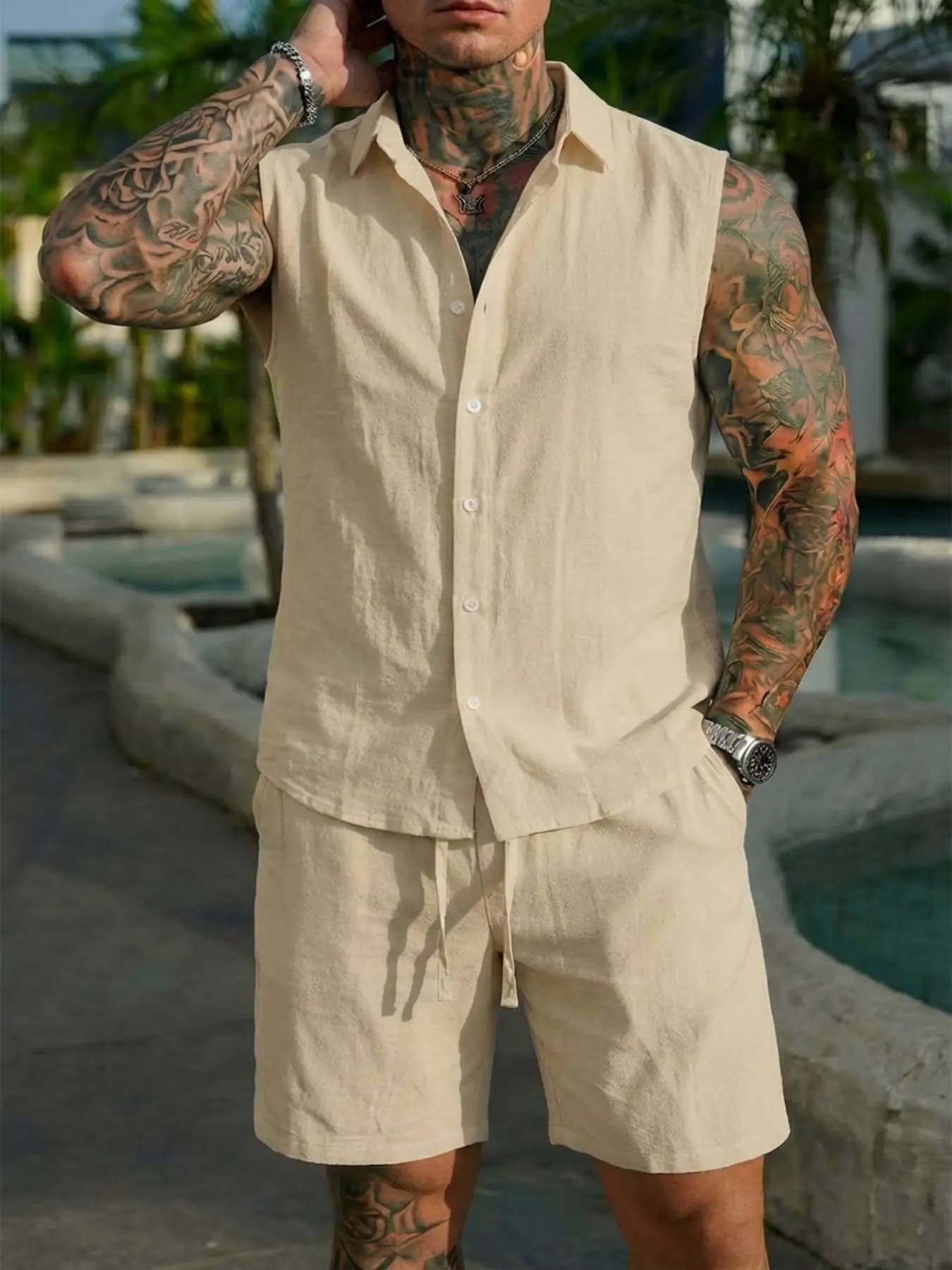 Summer Linen Shirt Set for Men, Casual Outdoor Two-Piece Set, Home Wear Pajamas, Comfortable and Breathable, Beach Short-Sleeved