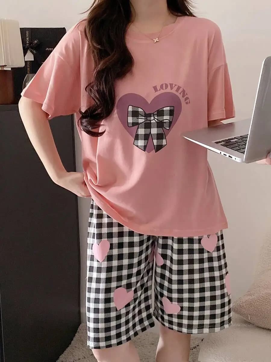 Womens Bow Heart Print Pajama Set Cotton Short Sleeve Sleepwear Summer