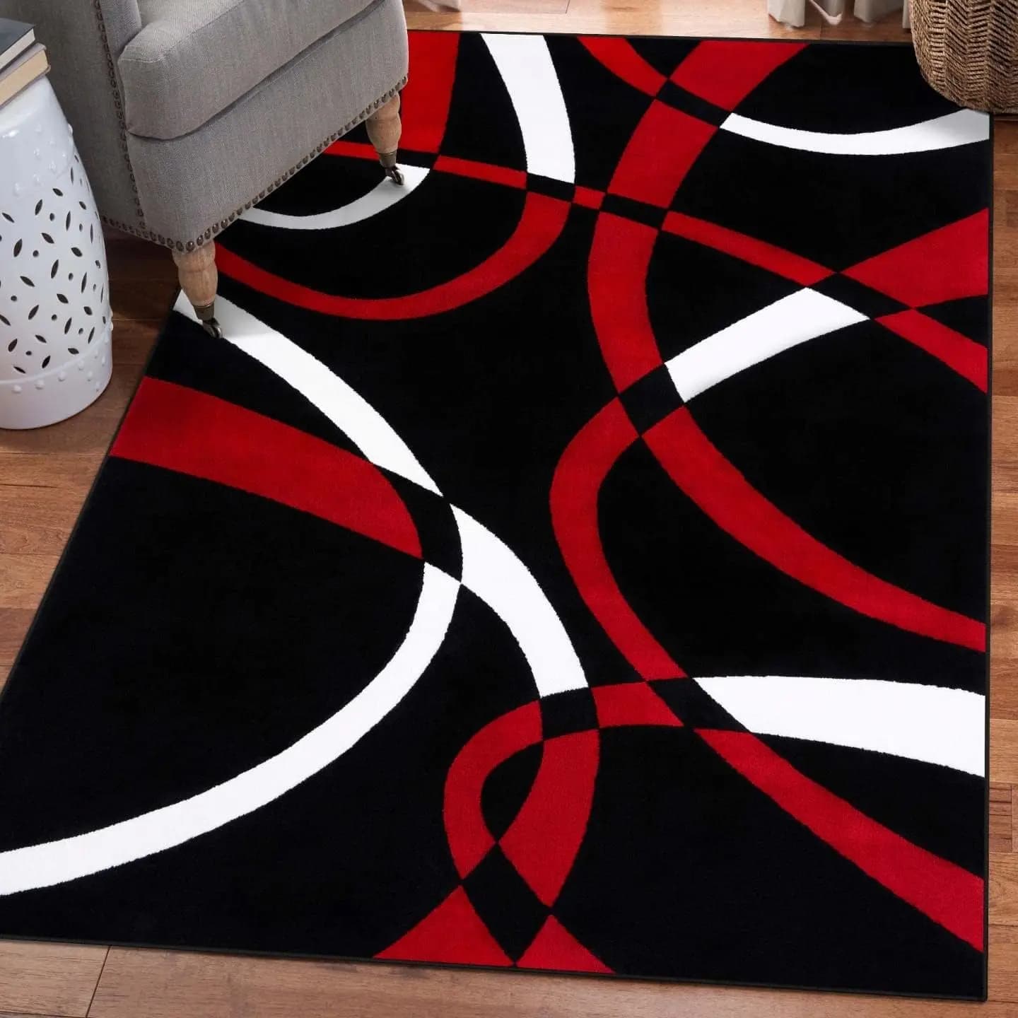 Geometric Abstract Red Black Area Rug, Modern Non Slip Carpet for Living Room, Bedroom Kids Playroom Home Decor