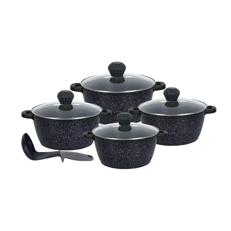 【CHIMU HOME】 9pcs Non-Stick Marble Coating Die-Cast Aluminum Frying Pan Cookware Set with Glass Lid for Cooklover