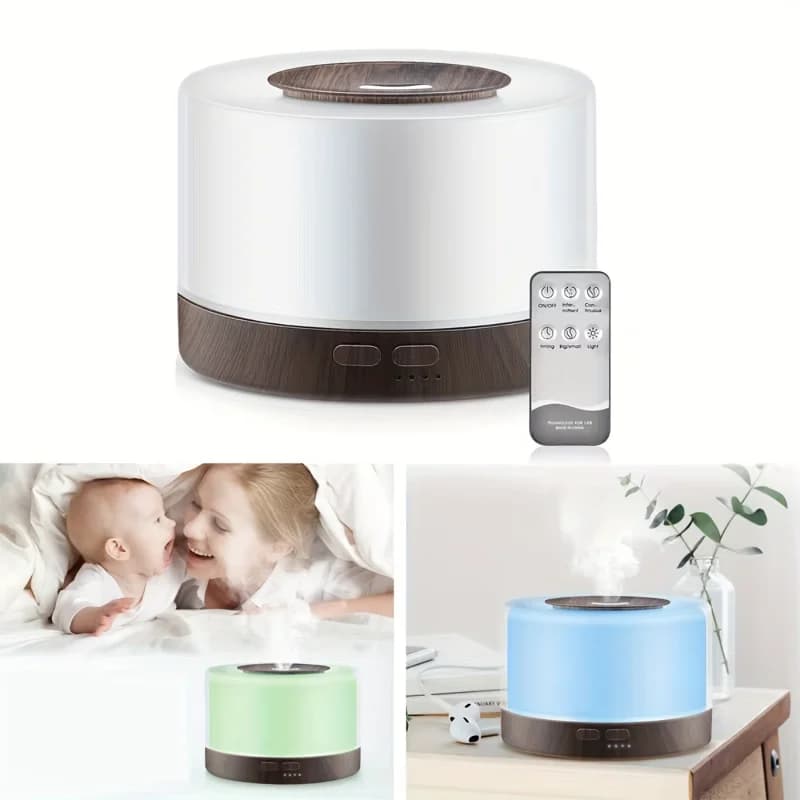 Diffusore di Aromi Effetto Legno da 500ml con Umidificatore a Nebbia Fredda, Telecomando, 7 Luci LED e 6 Fragranze di Oli Essenziali per Casa e Camera da Letto