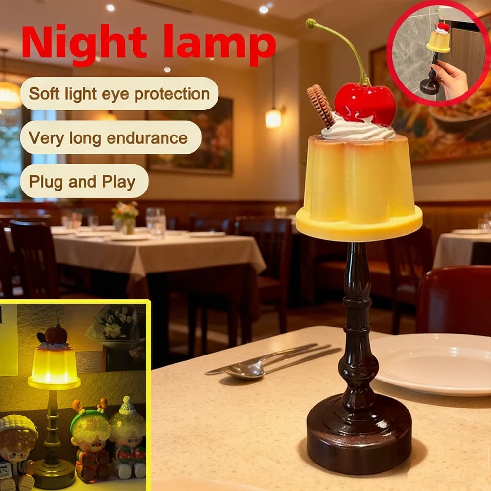 Lampada da scrivania a LED con luce notturna Kawaii Budino Lampada da comodino alimentata a batteria Luce per dormire carina per decorazioni e regali per bar per la camera da letto dei bambini