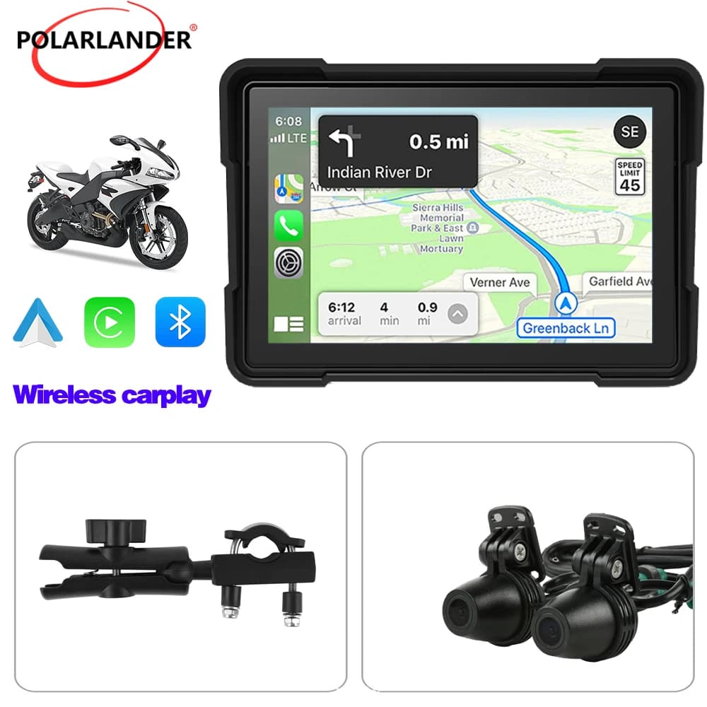 5 Inch 1000nit Motorcycle IPS Display IP66 Waterproof Wireless CarPlay Android Auto Dual 1080P Front Rear Dash Cam