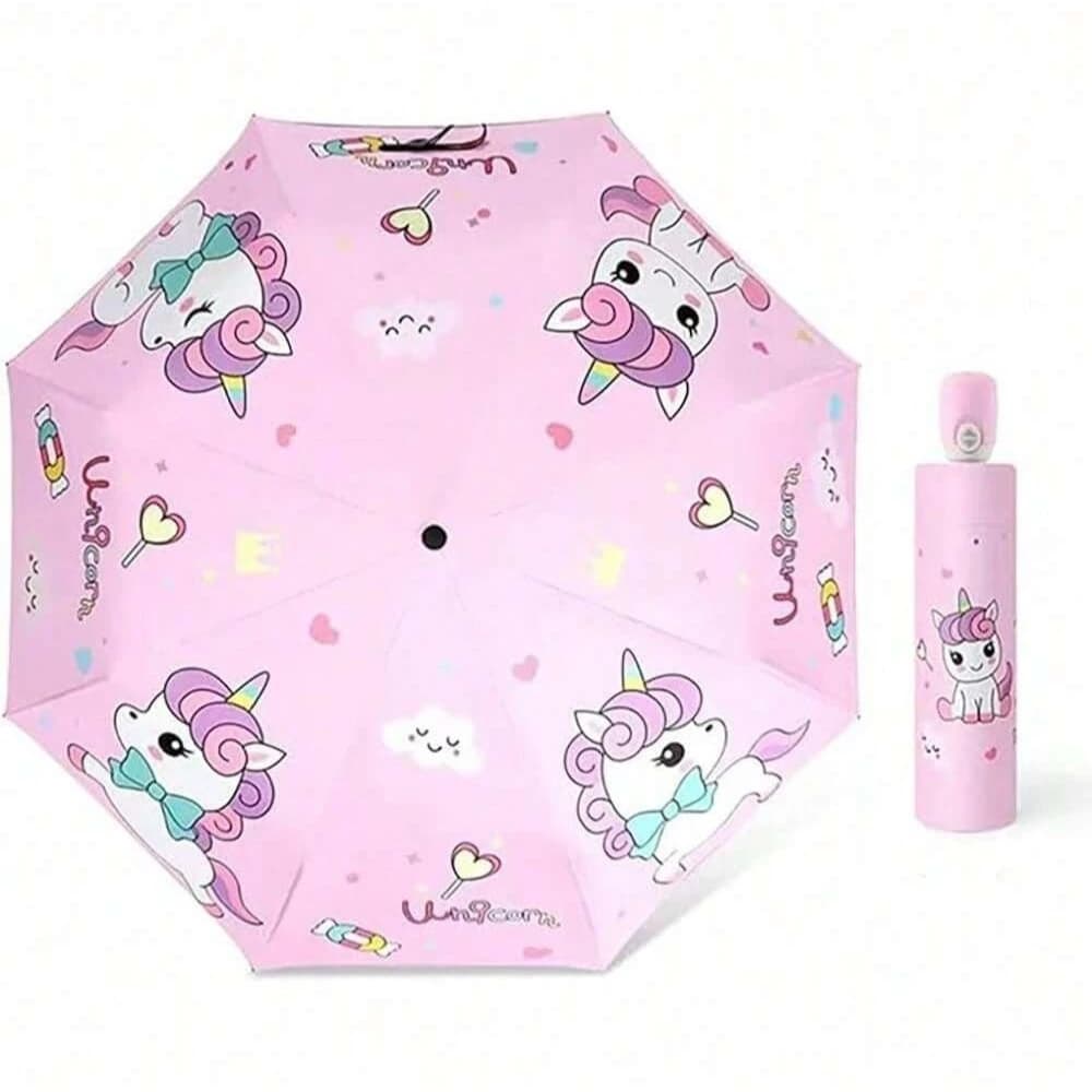 Ombrello per bambini con unicorno, automatico, pieghevole portatile, resistente, protezione solare integrata, apertura/chiusura automatica, leggero per ragazzi e ragazze