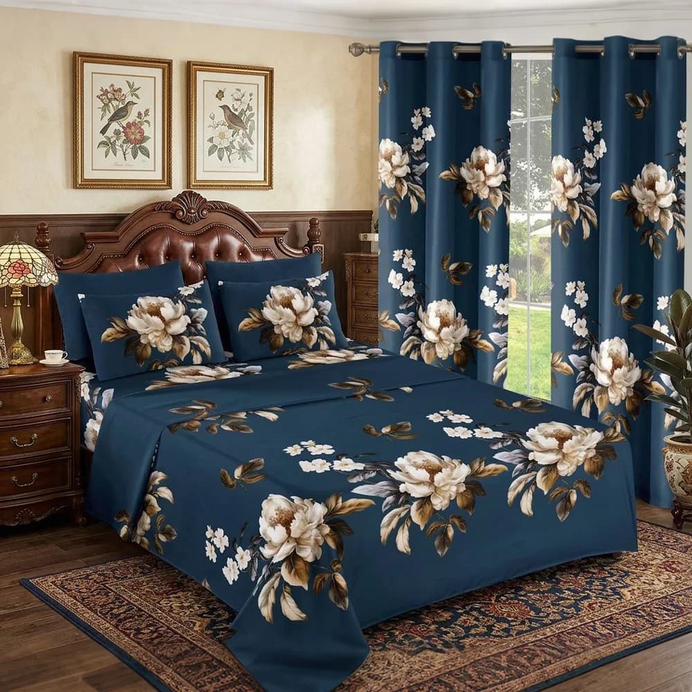 Set di 8 Pezzi Lenzuola Floreali con Tende, Stampa Peonia Bianca su Base Blu Navy, Misura Full/Queen/King, Set Biancheria da Letto in Morbida Microfibra, Lavabile in Lavatrice per Tutte le Stagioni, 1 Lenzuolo Piatto + 1 Lenzuolo con Angoli + 4 Federe, Pronto per Regalo
