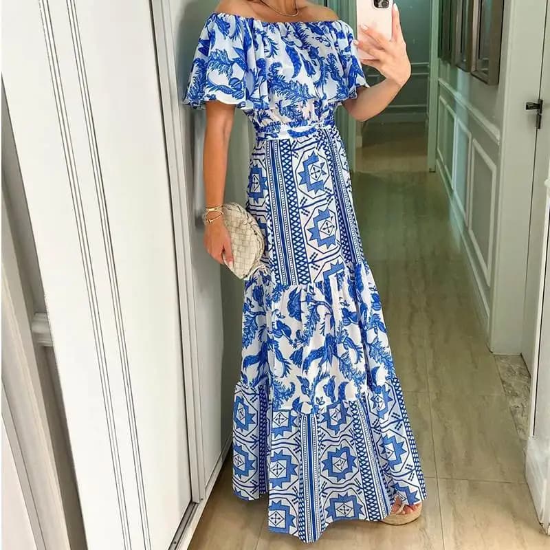 Long summer dress for women with boho print, boat neck, high waist and shoulders discovered, elegant and fashionable