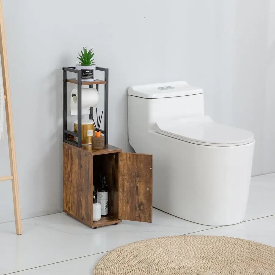 Mobiletto stretto per bagno con porta rotolo di carta igienica, contenitore sottile per carta igienica, marrone